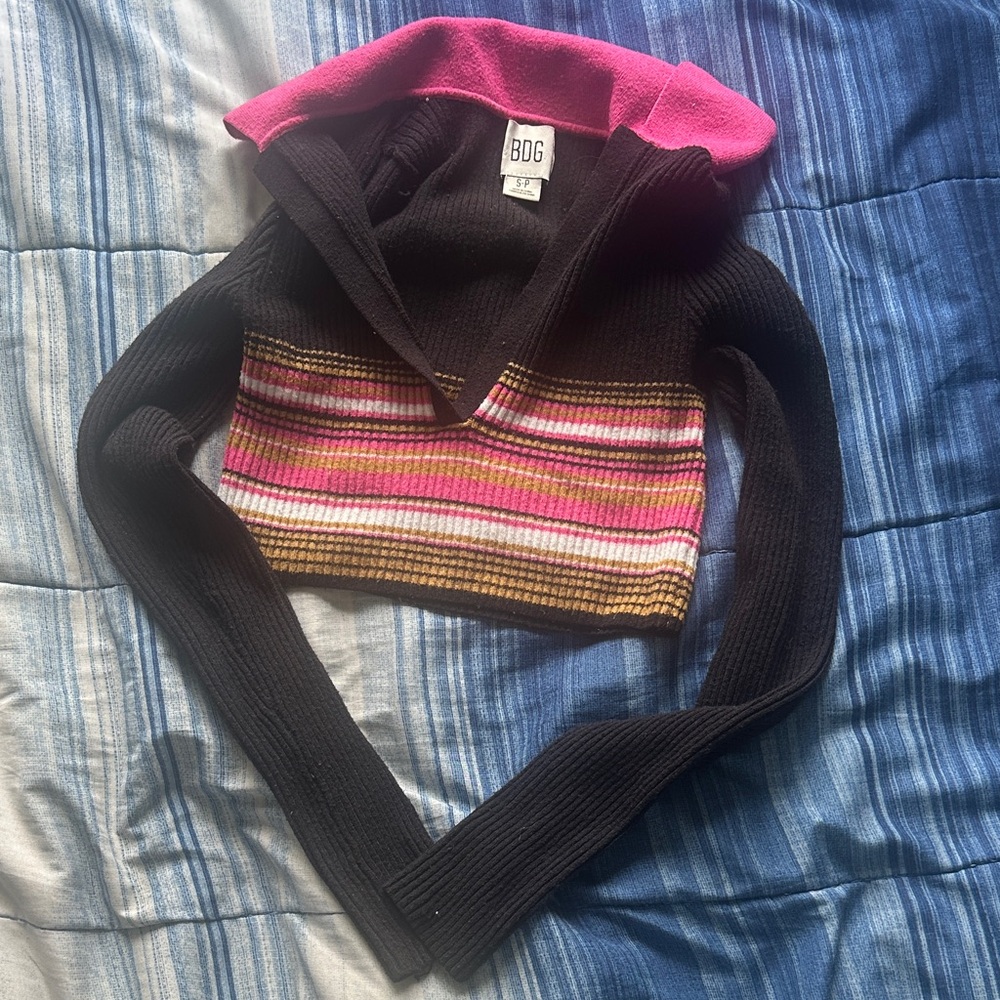 BDG Black and Pink Striped Cowl Neck Sweater